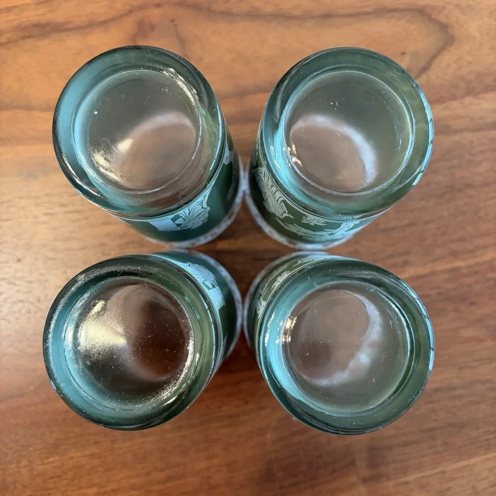 Jeannette Glass Hellenic Green 6 Oz Juice  Grecian Lot Of 4 MCM Greek Jasperware
